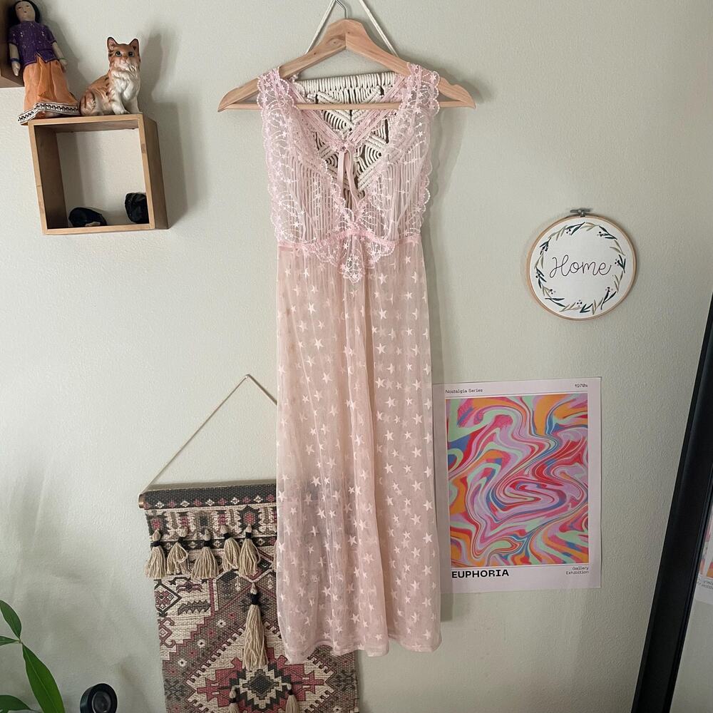 Y2K 2000s pastel pink star sheer slip dress lingerie nightgown coquette dainty